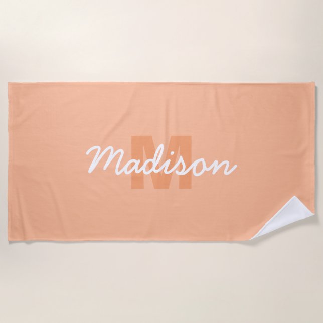 Cool pastel peach colour with Custom Monogram name Beach Towel (Front)