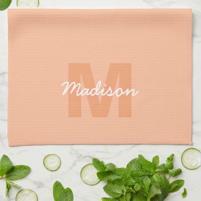 Cool pastel peach colour with Custom Monogram name Kitchen Towel (Folded)