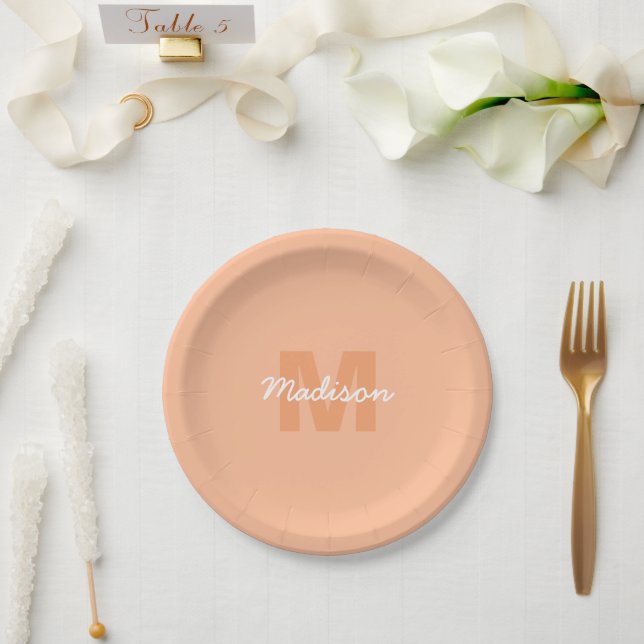 Cool pastel peach colour with Custom Monogram name Paper Plate (Wedding)