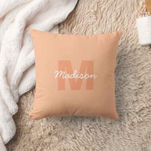 Cool pastel peach colour with Custom Monogram name Throw Pillow (Blanket)