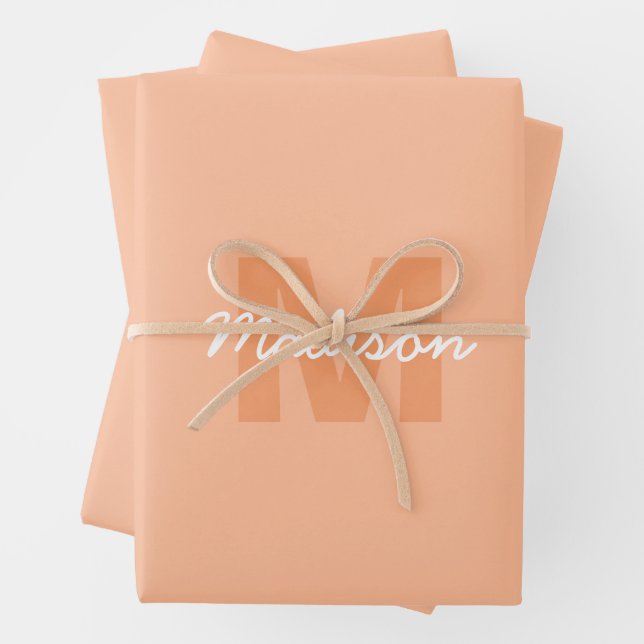 Cool pastel peach colour with Custom Monogram name Wrapping Paper Sheet (In situ)