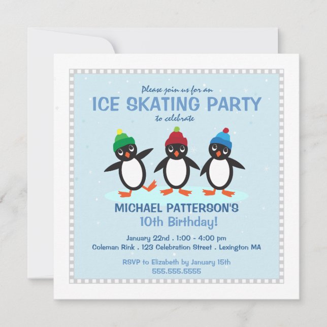 Cool Penguin Ice Skating Birthday Party Invitation (Front)