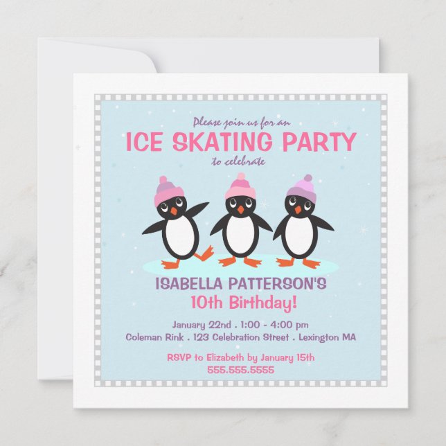 Cool Penguin Ice Skating Birthday Party Invitation (Front)