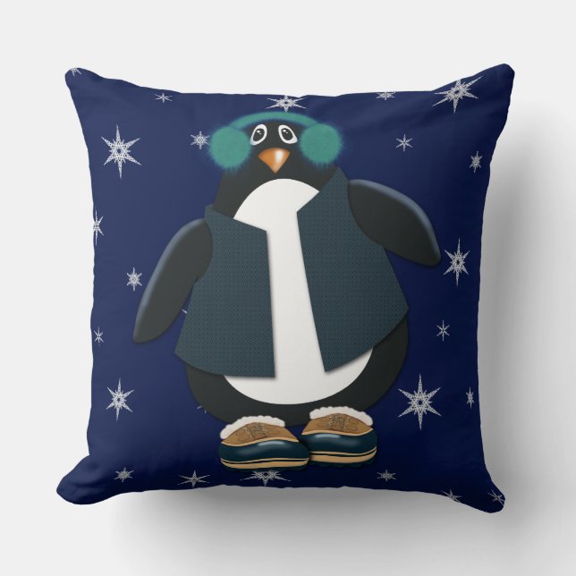 Cool Penguin | Night Sky Snowflakes Throw Pillow (Front)