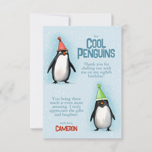 Cool Penguins celebrate kid's birthday Thank You Card (Front)