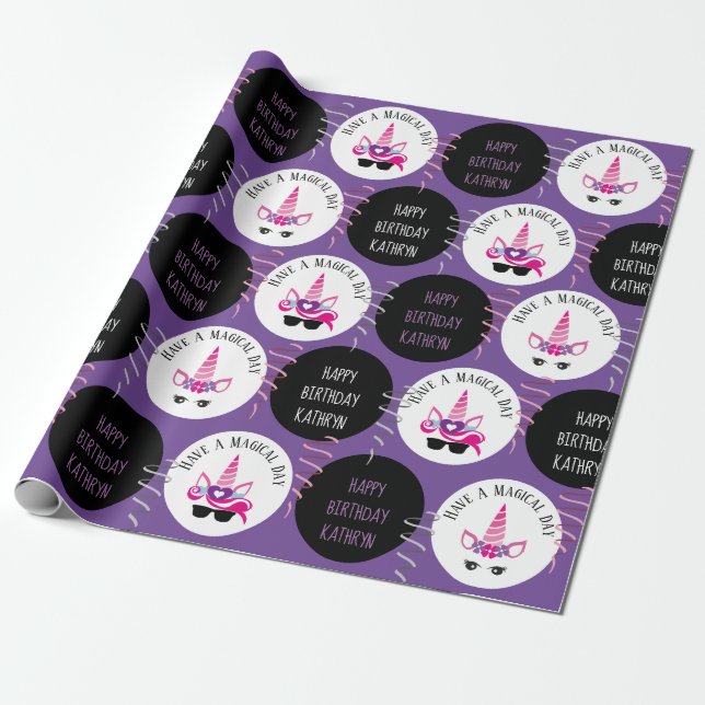 Cool & Personalized Birthday Unicorns Wrapping Paper (Unrolled)