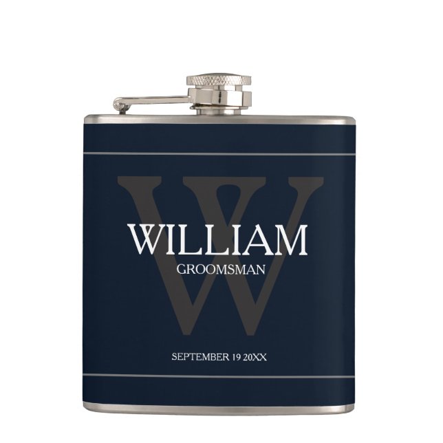 Cool Personalized Groomsman Name Navy Blue Flask (Front)