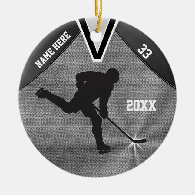 Cool Personalized Hockey Ornament, 3 Text Boxes Ceramic Ornament (Front)