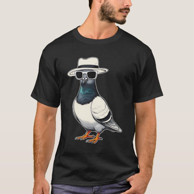 Cool Pigeon in Sunglasses and Hat Funny Bird Carto T-Shirt (Front)