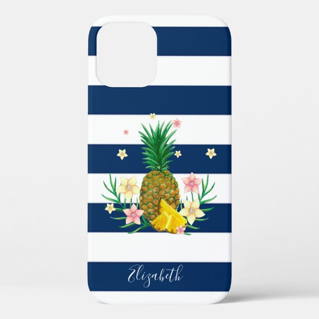 Cool Pineapple Flowers ,Navy Blue Striped  Case-Mate iPhone Case (Back)