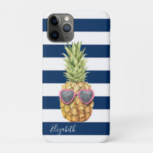 Cool Pineapple Tropical ,Navy Blue Striped  iPhone 11 Pro Case