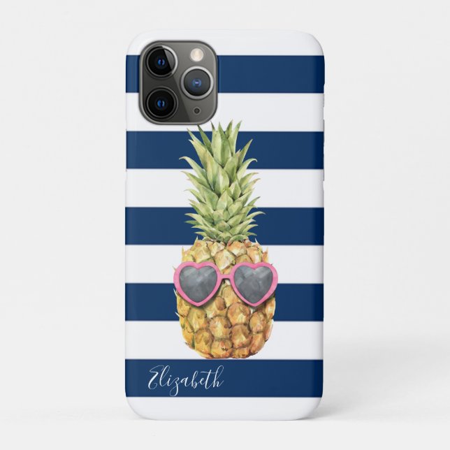 Cool Pineapple Tropical ,Navy Blue Striped  Case-Mate iPhone Case (Back)