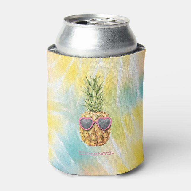 Cool Pineapple, Watercolor Rainbow Tie Dye Can Cooler (Can Front)