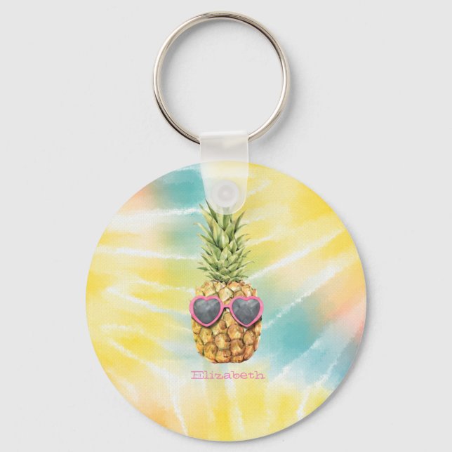 Cool Pineapple, Watercolor Rainbow Tie Dye Keychain (Front)