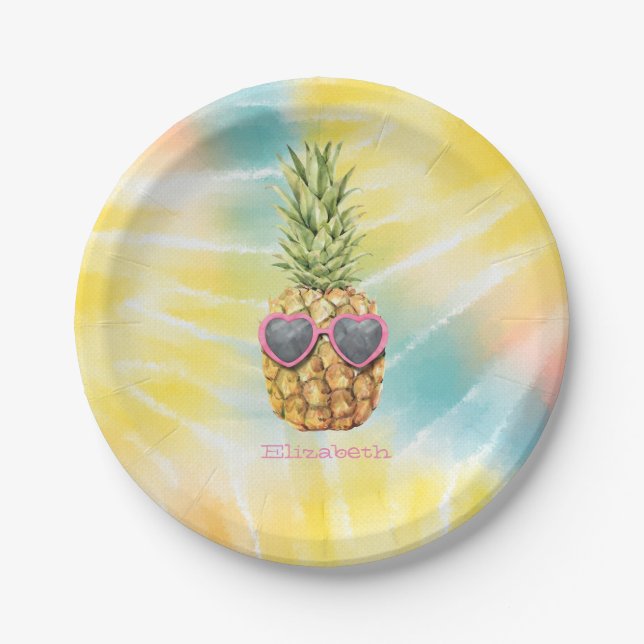Cool Pineapple, Watercolor Rainbow Tie Dye Paper Plate (Front)