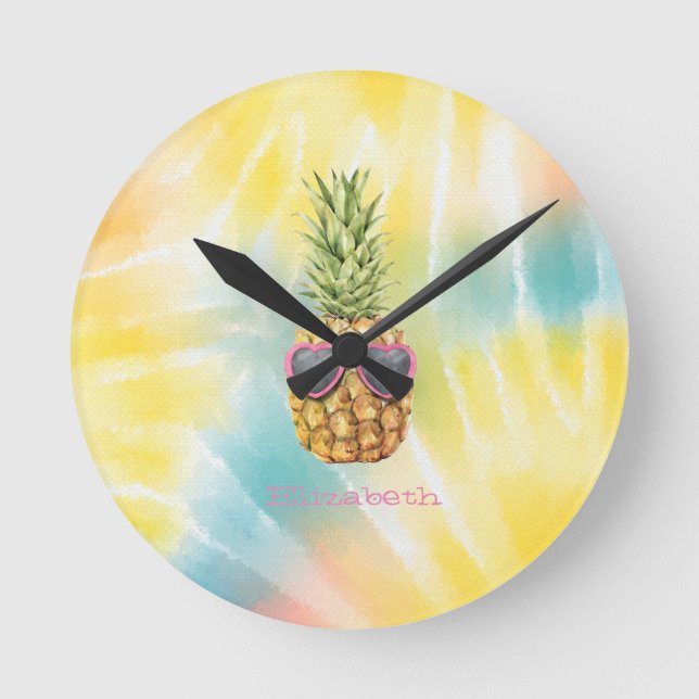 Cool Pineapple, Watercolor Rainbow Tie Dye   Round Clock (Front)