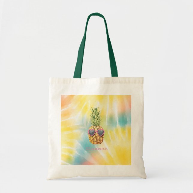 Cool Pineapple, Watercolor Rainbow Tie Dye  Tote Bag (Front)