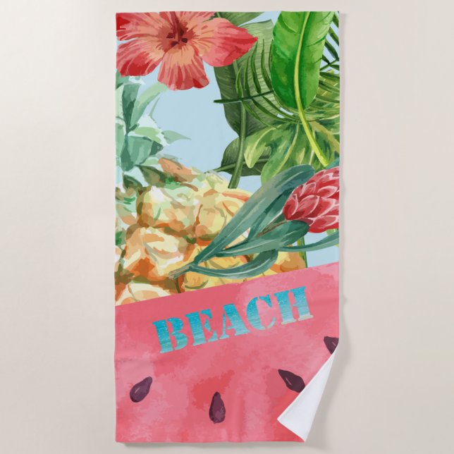 Cool Pineapple Watermelon Hibiscus Palm Leaves  Beach Towel (Front)