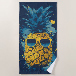 Cool Pineapple with Sunglasses Pop Art Illustratio Beach Towel