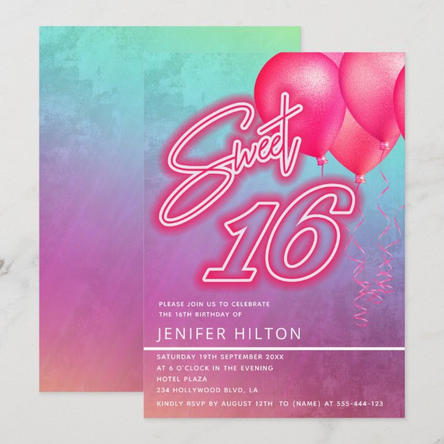Cool pink balloon holographic neon sweet 16 invitation (Front/Back)