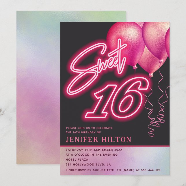 Cool pink balloon holographic neon sweet 16 invitation (Front/Back)