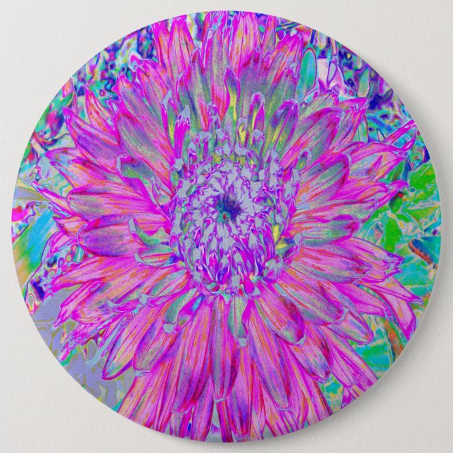 Cool Pink Blue and Purple Artsy Dahlia Bloom 6 Inch Round Button (Front)