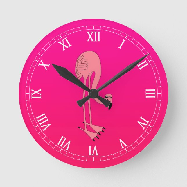 Cool Pink Cartoon Flamingo Round Clock (Front)
