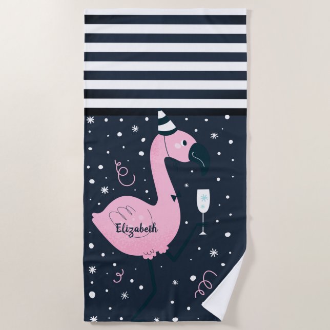 Cool Pink Flamingo Nautical Navy Blue Striped    Beach Towel (Front)
