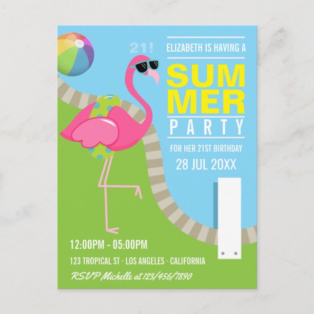 Cool Pink Flamingo Summer Pool Birthday Party Postcard (Front)