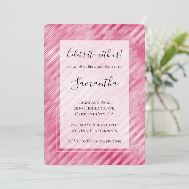 Cool Pink Glam Stripes Birthday Invitation (Standing Front)
