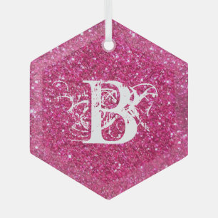 Cool Pink Glitter White Funky Monogram Custom Glass Ornament