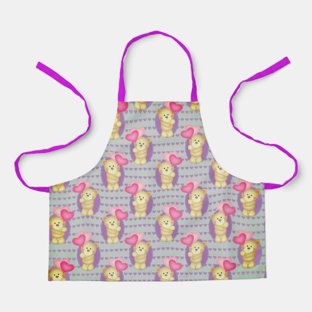 Cool Pink Hearts Teddy Bear Chef Baker Womens Kids Apron (Front)