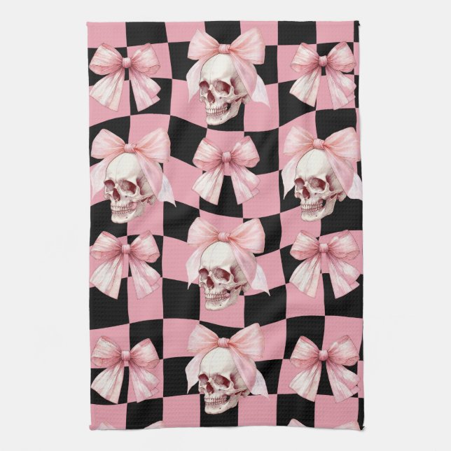 Cool Pink Kitchen Skeleton Halloween  Kitchen Towel (Vertical)