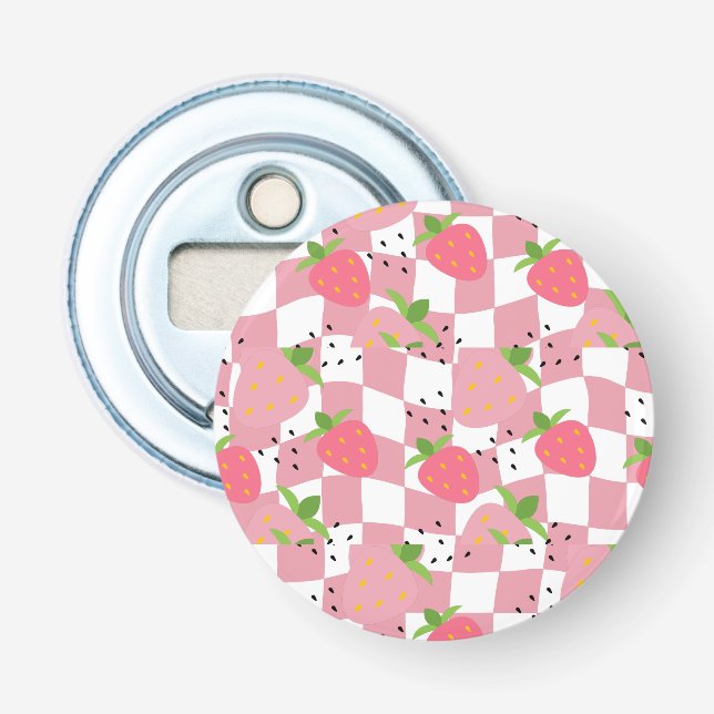 Cool Pink Kitchen Strawberries Chequered Design Bottle Opener (Front)