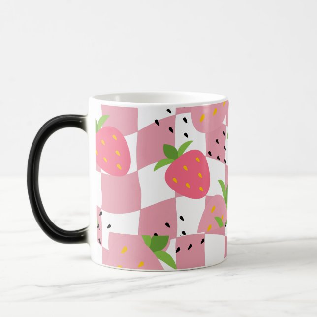 Cool Pink Kitchen Strawberries Chequered Design Magic Mug (Left)