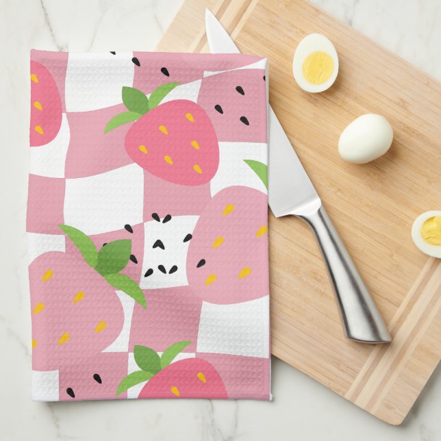 Cool Pink Kitchen Strawberries Chequered Design Towel (Quarter Fold)