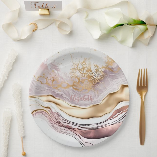 Cool Pink Marble Stone Gold Paper Plate (Wedding)