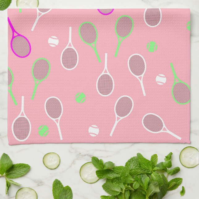 Cool Pink Retro Racquets Pattern Tennis Player   Kitchen Towel (Folded)