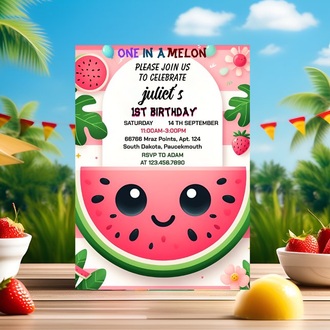cool pink summer one in a melon first 1st birthday invitation (Creator Uploaded)