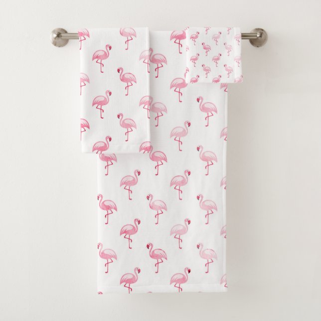 Cool Pink Tropical Flamingo Pattern on White Bath Towel Set (Insitu)