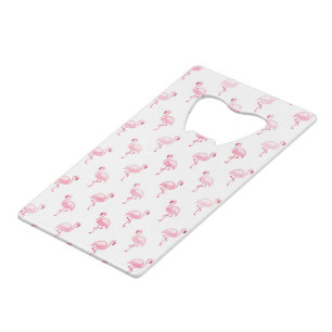 Cool Pink Tropical Flamingo Pattern on White Credit Card Bottle Opener