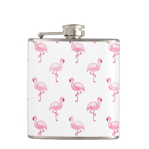 Cool Pink Tropical Flamingo Pattern on White Hip Flask