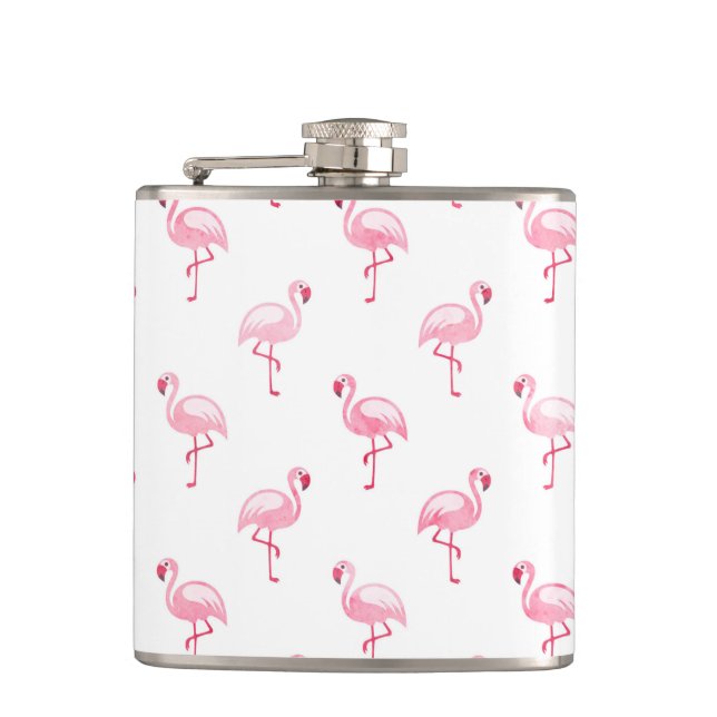 Cool Pink Tropical Flamingo Pattern on White Hip Flask (Front)