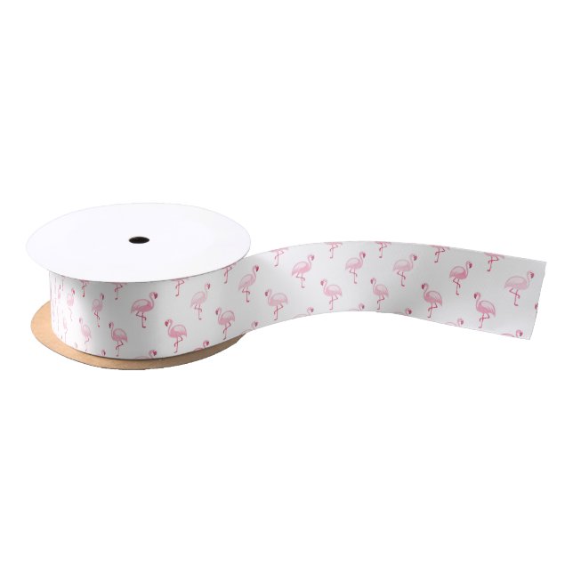 Cool Pink Tropical Flamingo Pattern on White Satin Ribbon (Spool)