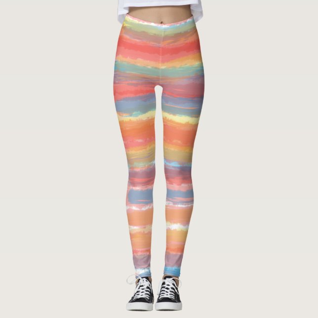 Cool Pink Yellow Blue Stripes Leggings (Front)