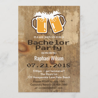 Cool Pixel Beers & Wood Bachelor Party Invitation