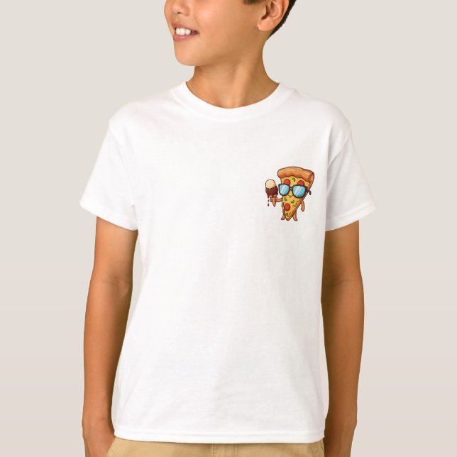 Cool Pizza Slice Holding Ice Cream Kids T-Shirt (Front)