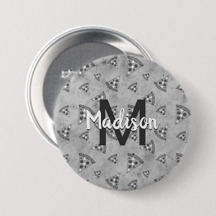 Cool pizza slice vintage black white grey Monogram 3 Inch Round Button