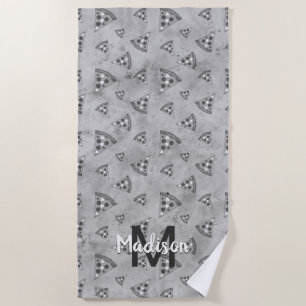 Cool pizza slice vintage black white grey Monogram Beach Towel
