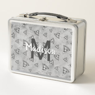 Cool pizza slice vintage black white grey Monogram Metal Lunch Box